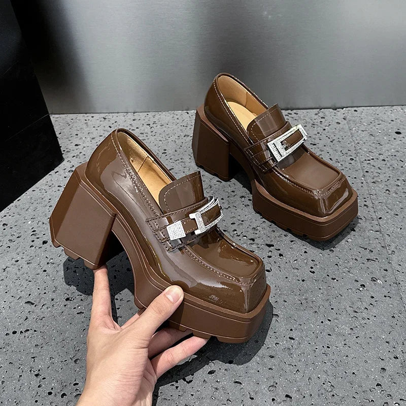 AUTUSPIN 9cm High Thick Heels Mary Janes Shoes Women Fashion Crystal Woman Pumps Patent Leather Shallow Female Platform Shoes