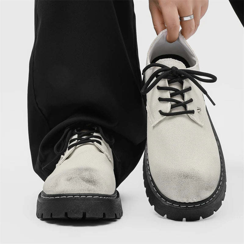 Men's Casual Shoes Comfortable Breathable Canvas Upper Thick Bottom Fashion Sewing Round Toe Leather Chunky Shoes Male Footwear