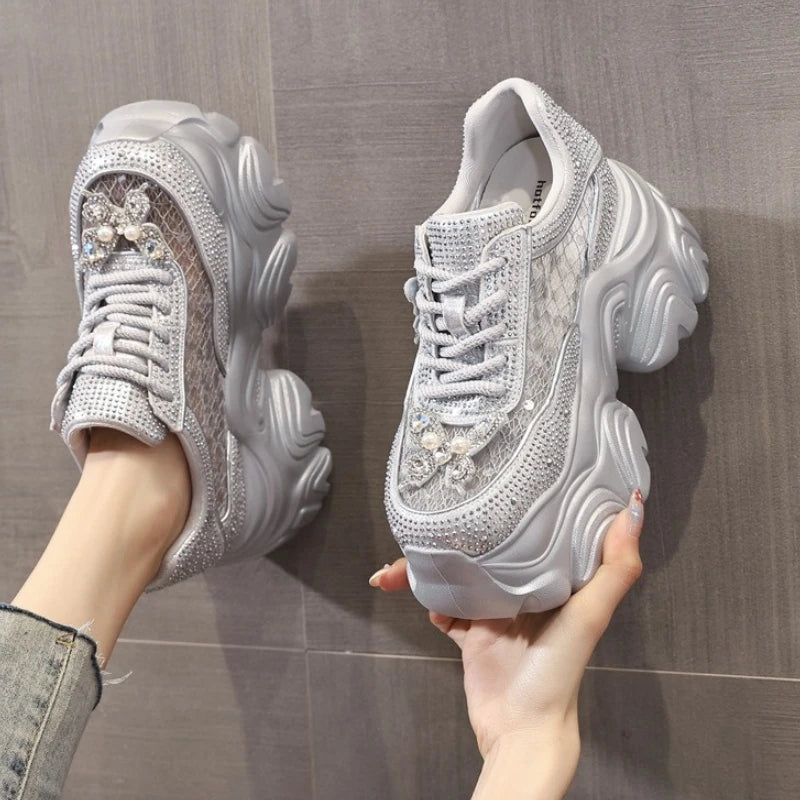 Fujin 9cm Air Mesh Microfiber Leather Chunky Sneaker Hook Ankle Boots Bling High Brand Comfy Booties Fashion Summer Shoes Women