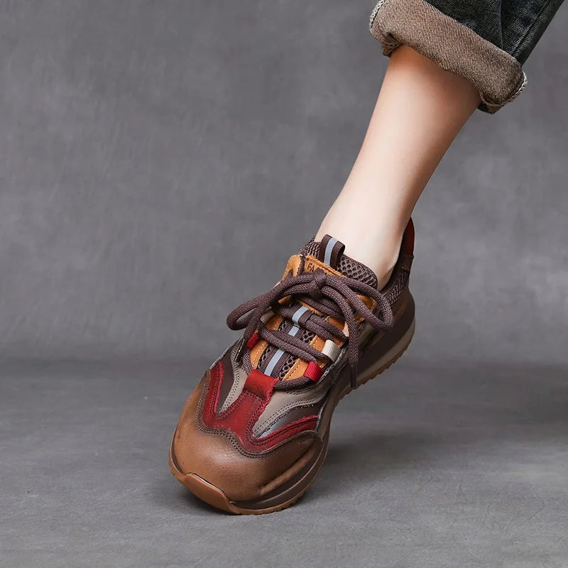 DRKANOL Fashion Women Casual Sneakers Spring Autumn Mixed Colors Genuine Cow Leather Thick Sole Chunky Platform Retro Shoes Lady