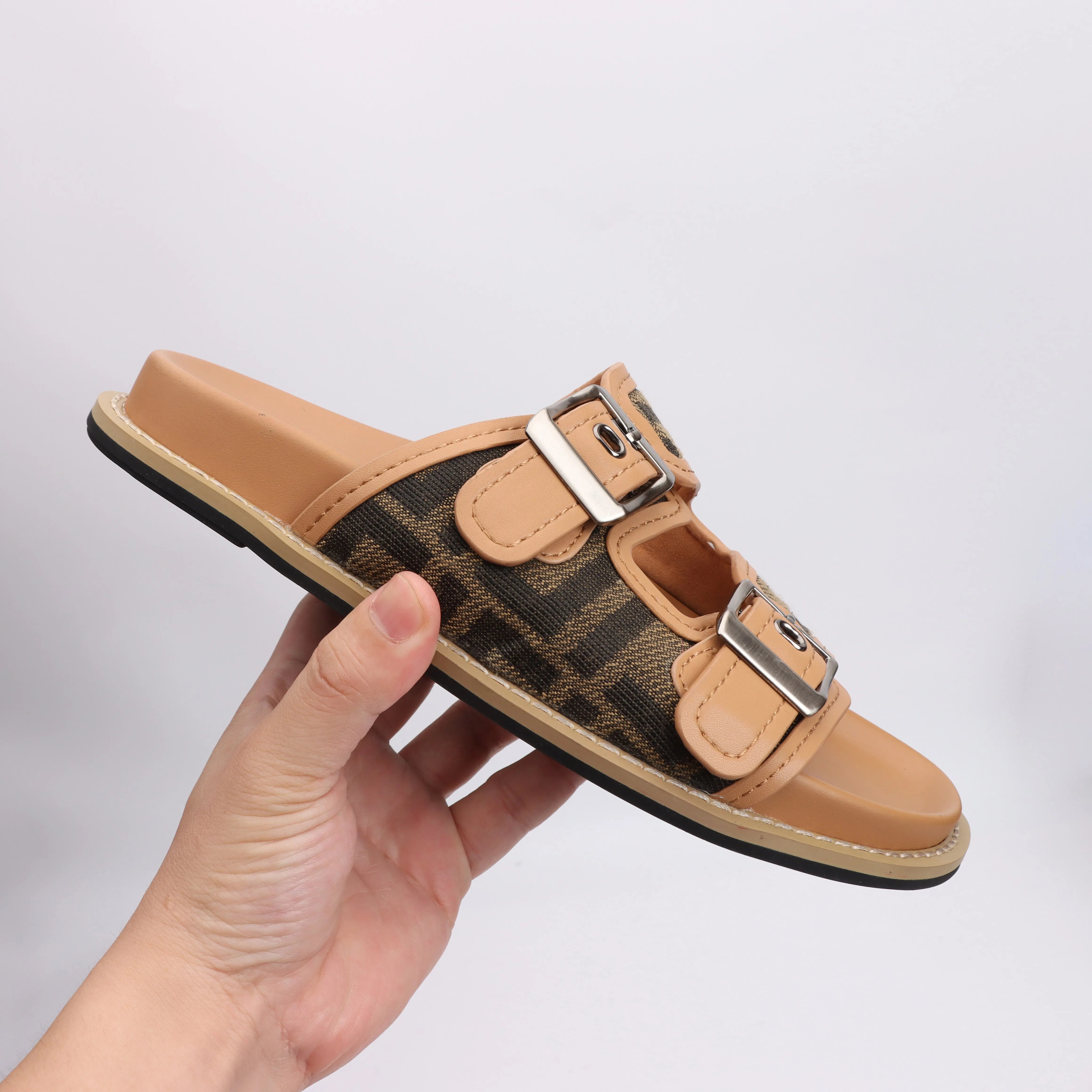 NO-LOGO Designer Summer Leather slippers for Women 2025 Luxury Brand Shoes Khaki ladies Slipper and big size 44