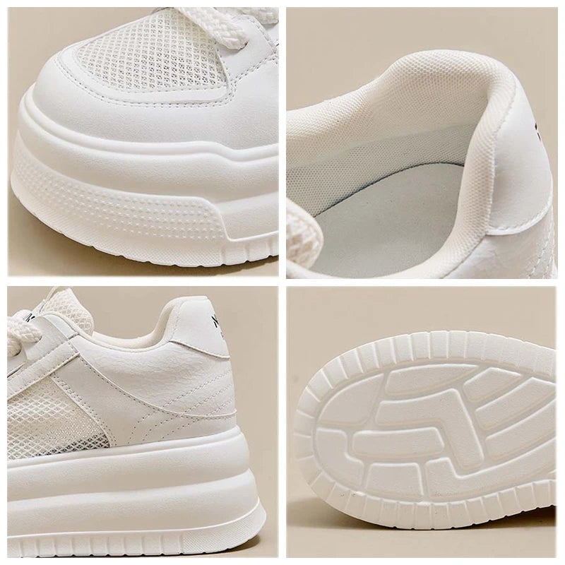 Koznoy 8.5cm Air Mesh Microfiber Leather Women Vulcanize Summer Breathable Lady High Brand Chunky Sneakers Platform Comfy Shoes