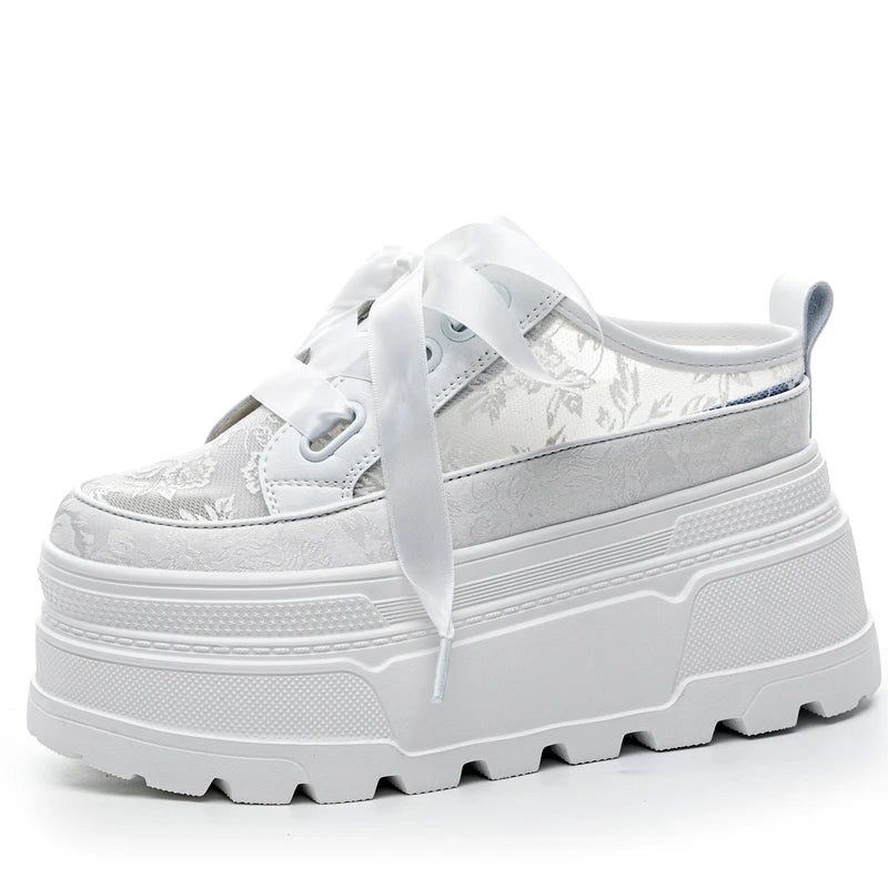 AUTUSPIN 8cm Women Lace Shoes Summer White Cover Toe Slippers High Platform Ladies Casual Sports Sneakers Fashion Sandals Woman