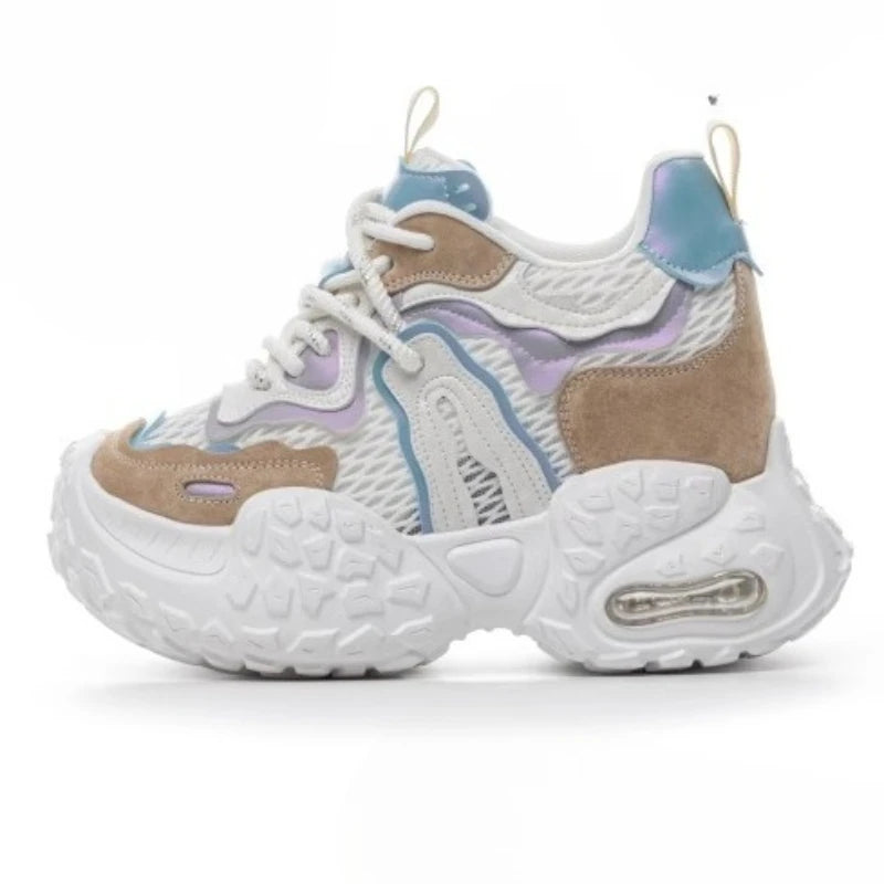 Fujin 12cm Air Mesh Shoes Mules Shoes Vulcanize Sandals Chunky Sneakers Hollow Slides Women Summer Microfiber Platform Wedge