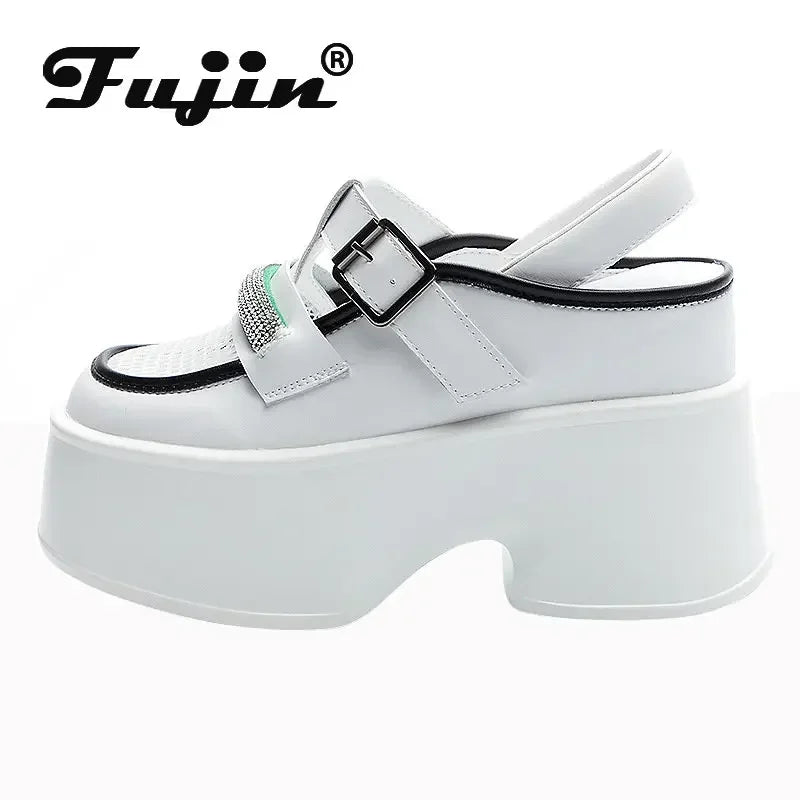 Fujin 11cm New Air Mesh Genuine Leather Platform Chunky Sneakers Women Sandals Casual Hollow Rhinestone Summer Slippers Shoes