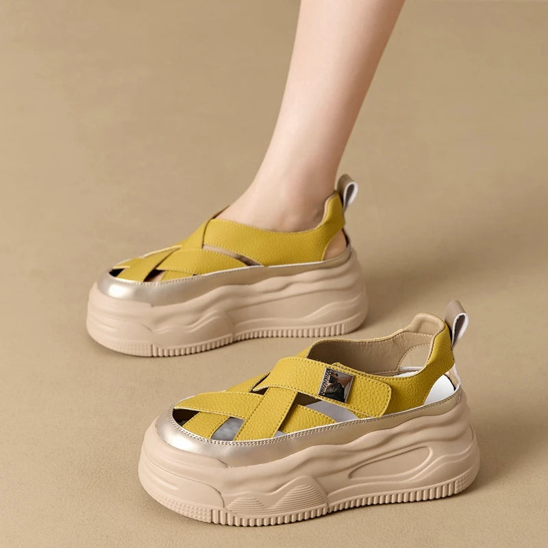 AUTUSPIN 7cm Flats Platform Women Leather Sandals Summer Fashion Hollow Breathable Ladies Shoes Round Toe Chunky Leisure Sneaker