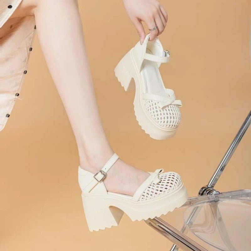 Fujin 10cm PU Synthetic Microfiber Leather Peep Toe Shoes Buckle Mary Jane Platform Wedge Fashion Slippers Women Sandals Pumps