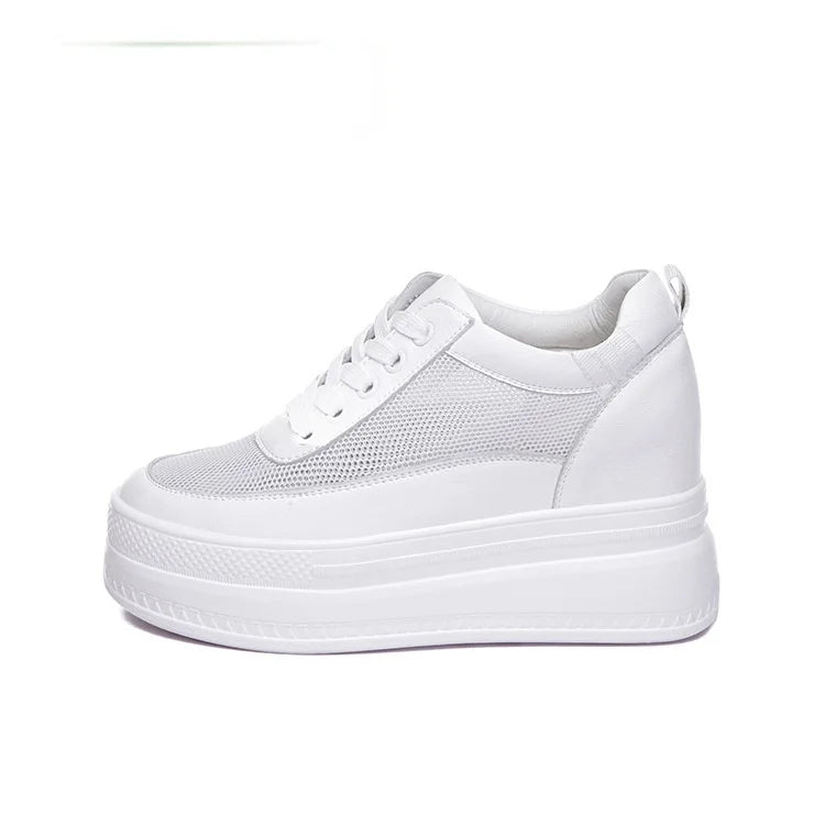 fujin 9cm platform heel wedge shoes sneakers pumps white platform air mesh hollow pumps shoes women  zapatos de mujer