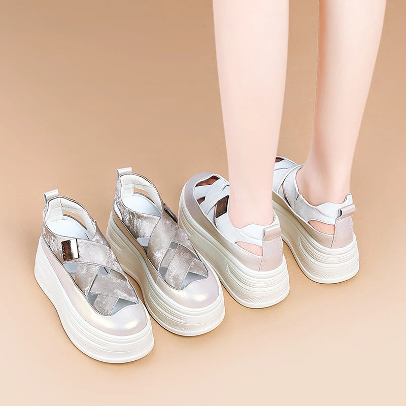 AUTUSPIN Summer Hollow Out Sandals Women's Fashion Leather Shoes Outdoor Woman High Platform Trendy Sandal Female Size 33-40