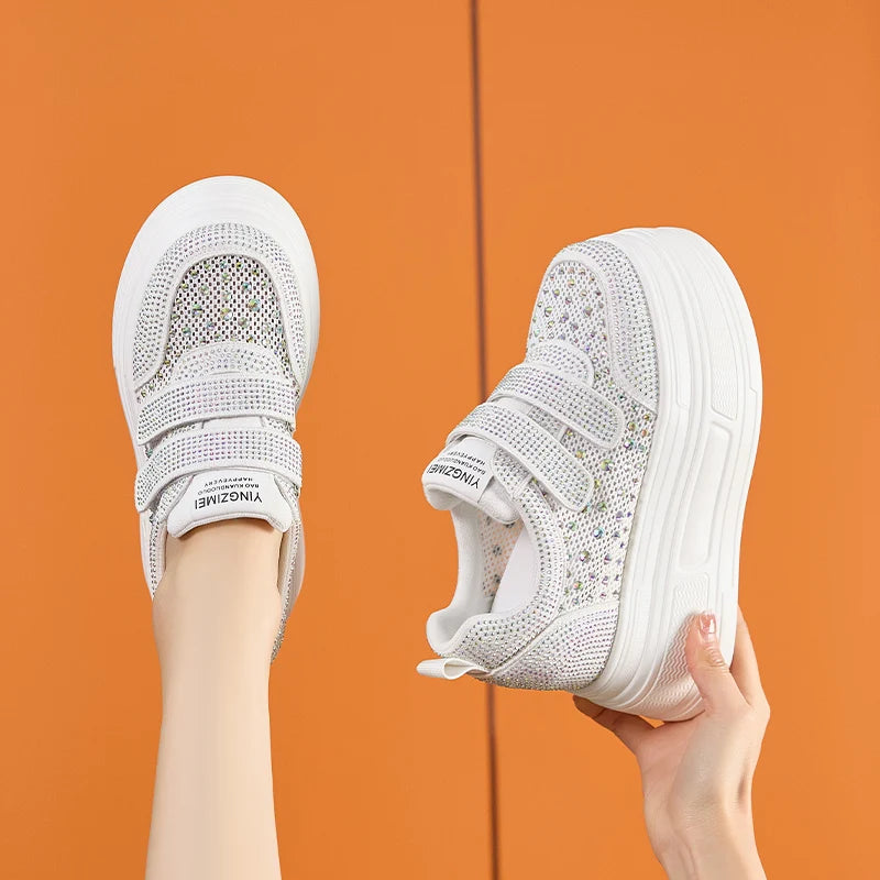 AUTUSPIN 9cm Wedge Women Skateboard Shoes Four Season White Crystal Chunky Sneakers Street Leisure Shoes Woman Street Tide