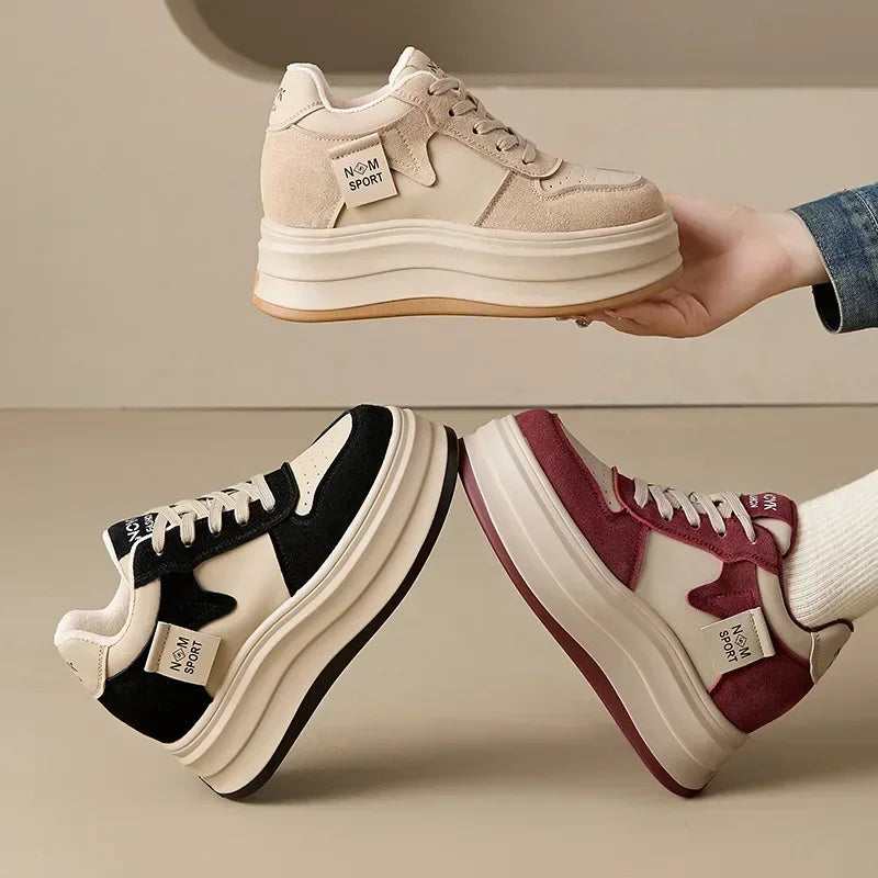 Koznoy 8.5cm Cow Suede Genuine Leather Platform Flats Autumn Spring Loafer Chunky Sneaker High Brand Comfy Vulcanize Women Shoes