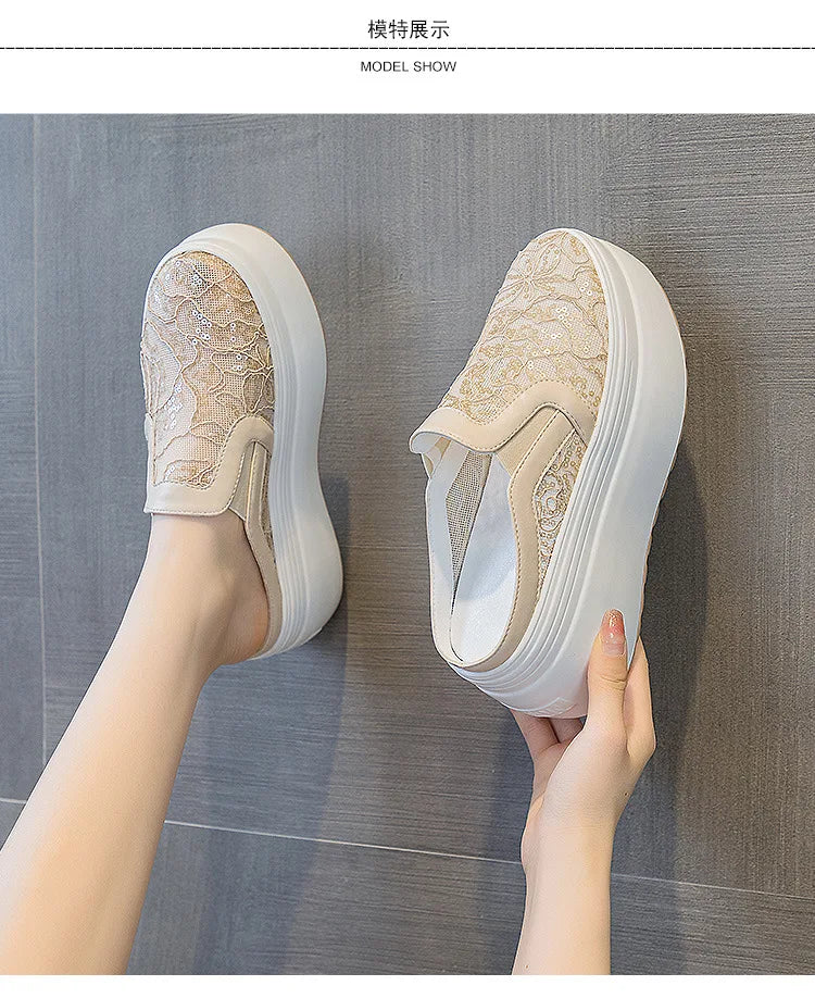 Fujin 8cm Air Mesh Lace Genuine Leather Comfy Platform Wedge Slippers High Brand Breathable Summer Platform Wedge Casual Shoes