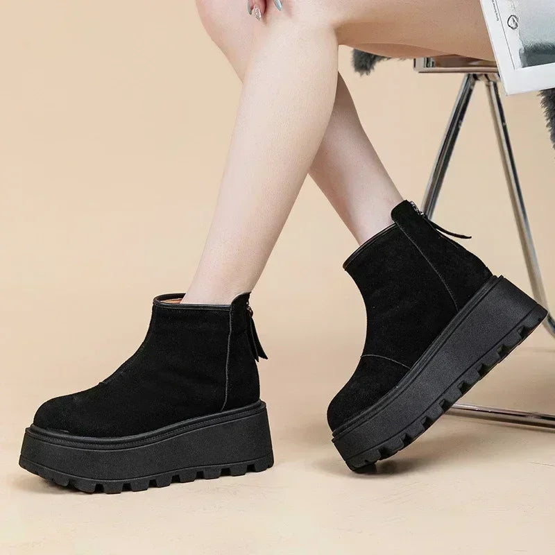 Fujin 7cm Suede Cow Genuine Leather Snow Boots Women Ankle Booties Platform Wedge Winter Plush Chelsea Boots Shoes for Women