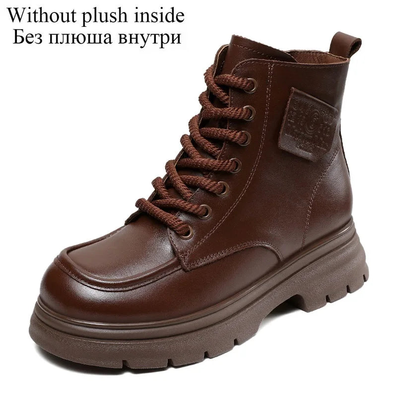 DRKANOL 2025 British Style Women Genuine Cow Leather Ankle Boots Autumn Winter Warm Thick Heel Platform Retro Casual Short Boots