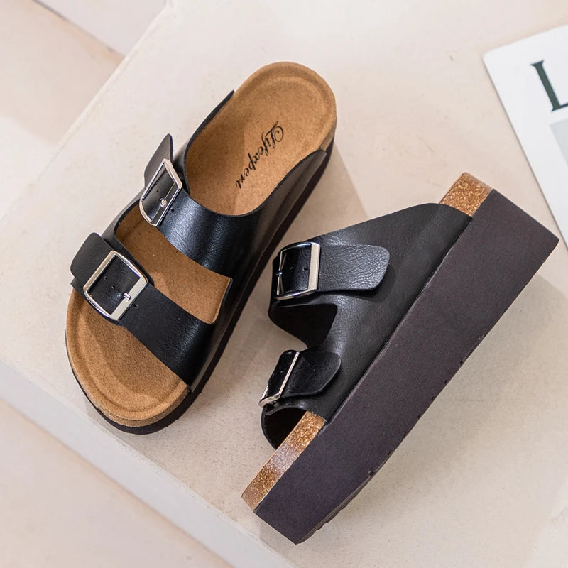 AUTUSPIN 7cm Women High Heeled Slippers Summer Beach Casual Shoes Ladies Ins Fashion Soft Leather Buckle Sandals Shoes Woman