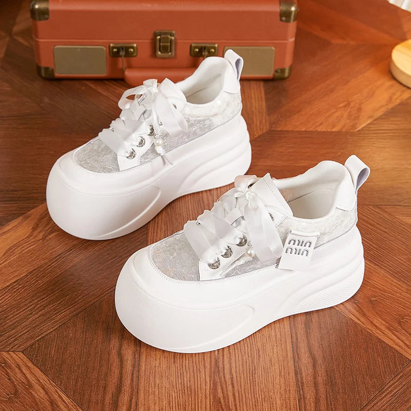 Autuspin Women Inner Height Shoes New Fashion Lace Bling Leather Summer Chunky Platform Skateboard Sneakers Ladies Trend Tide