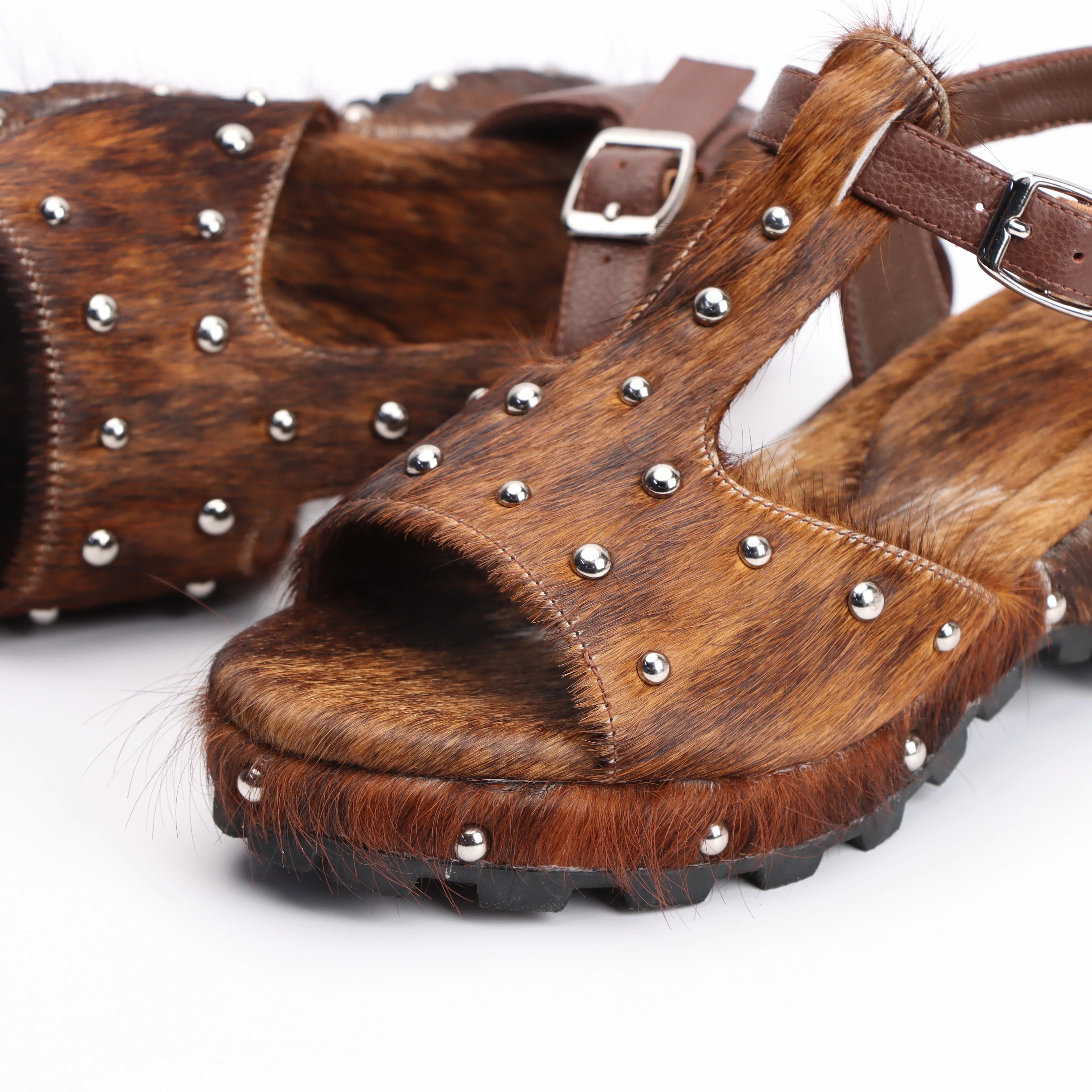 Luxury Horsehair Studded Rubber Sole Platform Sandals for Woman – Designer Flat Sandals Woman Summer Sandalias de Mujer