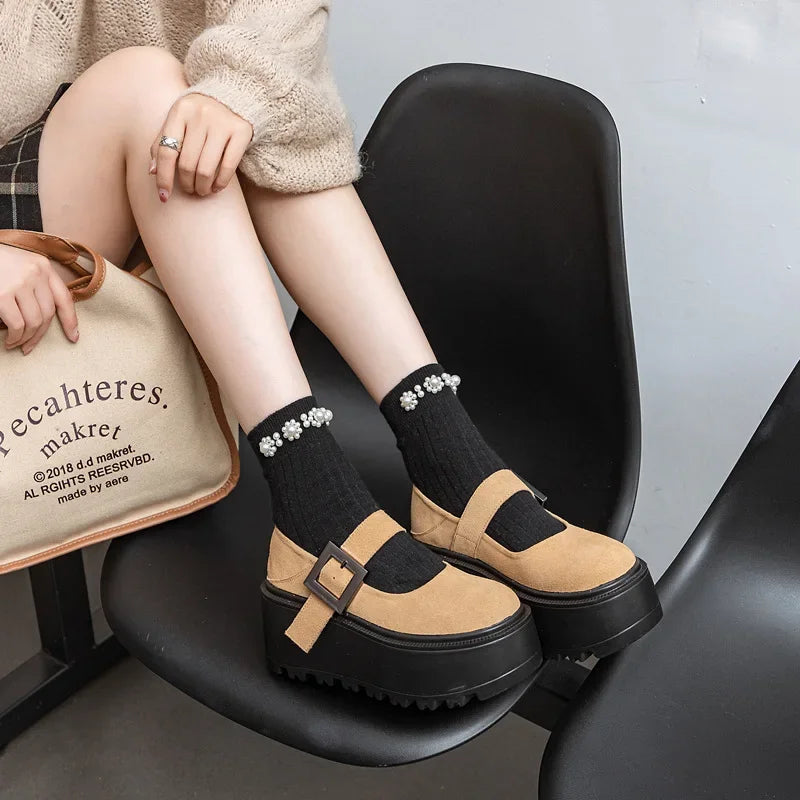 Fujin 8CM Cow Suede Natural Genuine Leather Sneakers Platform Shoes Spring Autumn Wedge Pumps Fashion Sneakers Mary Jane Women