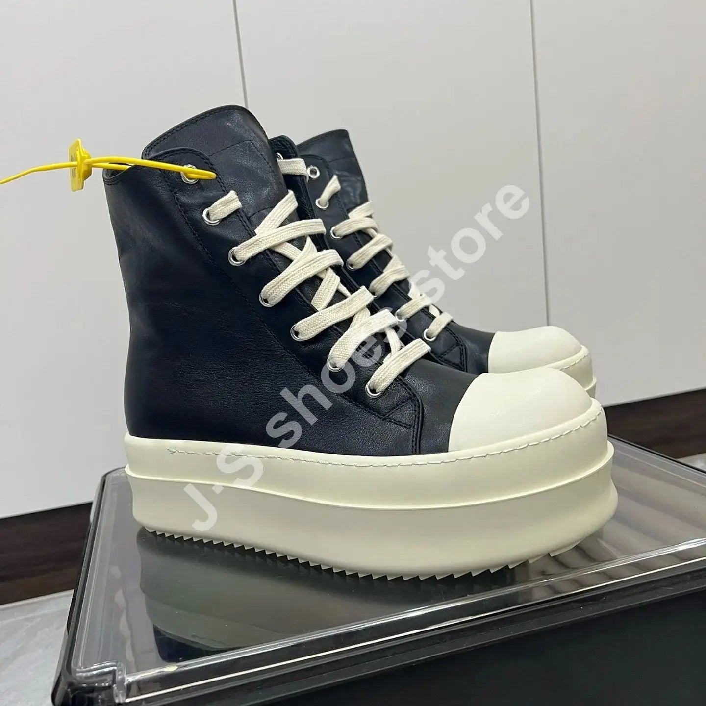 R-o Luxury Men Shoe Black Leather High Top Shoes Women Sneaker Casual Boot Zip 6cm Thick Sole Sneakers Pantshoes Ankle Boots