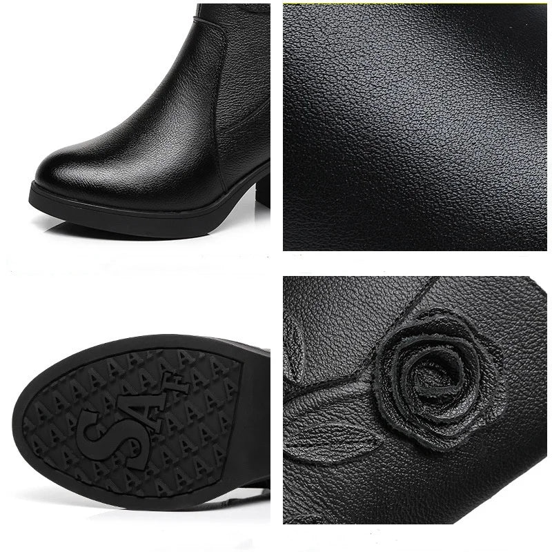 WOIZGIC Women's Female Ladies Mother Genuine Leather Mid Calf Boots Shoes Warm Fur Plush Winter Zipper Flower Commute Non-Slip