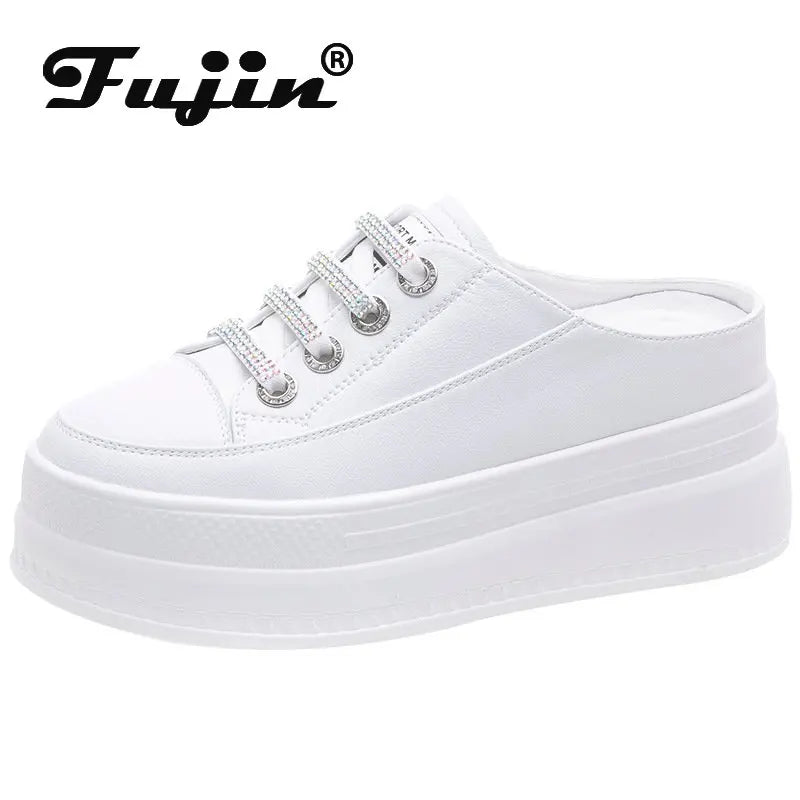 Fujin 7.5cm Genuine Leather Women Slipper Summer Shoes Platform Wedge Beach Shoes Mule Leather Slip on Sneakers Sandals Shoes