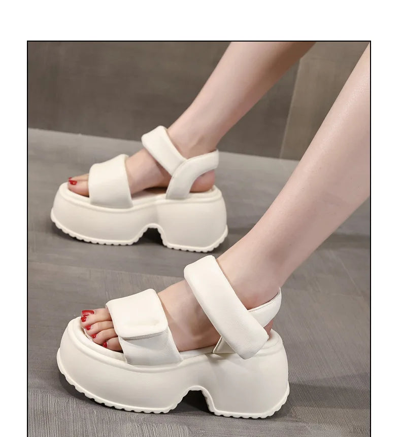 Fujin 8.5cm Platform Wedge Retro British Women Fashion Mules Ins Hot Sell Microfiber Leather Weave Sandals Ladies Shoes Summer