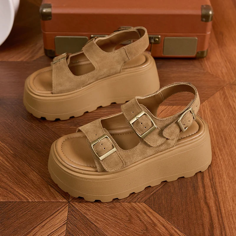 AUTUSPIN 7cm Women Sandals Summer Fashion Ladies Suede Leather Buckles Shoes Outdoor Popular Female Rome Platform Sandalias