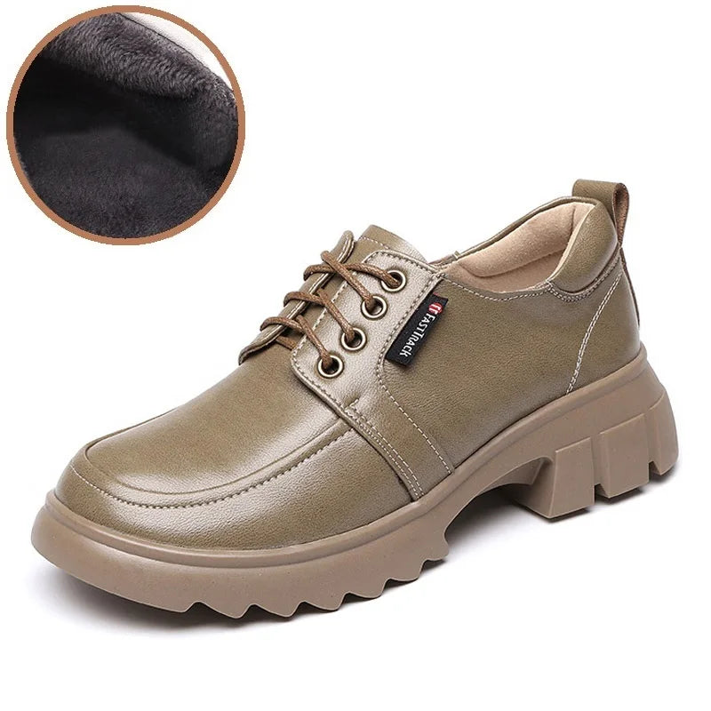 DRKANOL Fashion Women Shoes Lace-Up Round Toe Med Thick Heel Casual Shoes Ladies Real Cowhide Autumn Winter Warm Shoes H5089