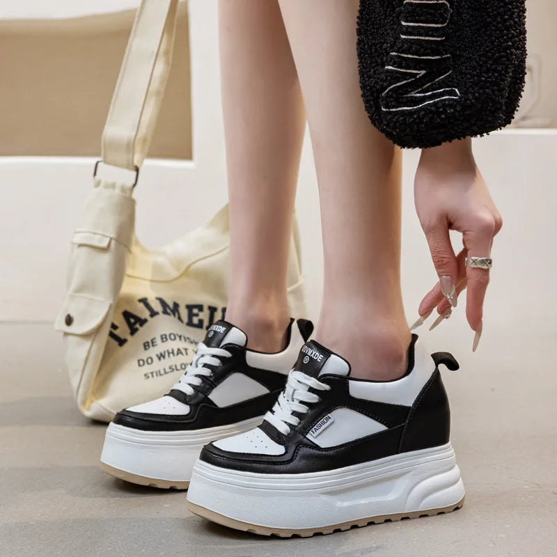 Fujin 10cm Genuine Leather Shoes Platform Wedge Sneakers Women Boots Ankle Booties Hidden Heels Spring Vulcanize Autumn Fashion