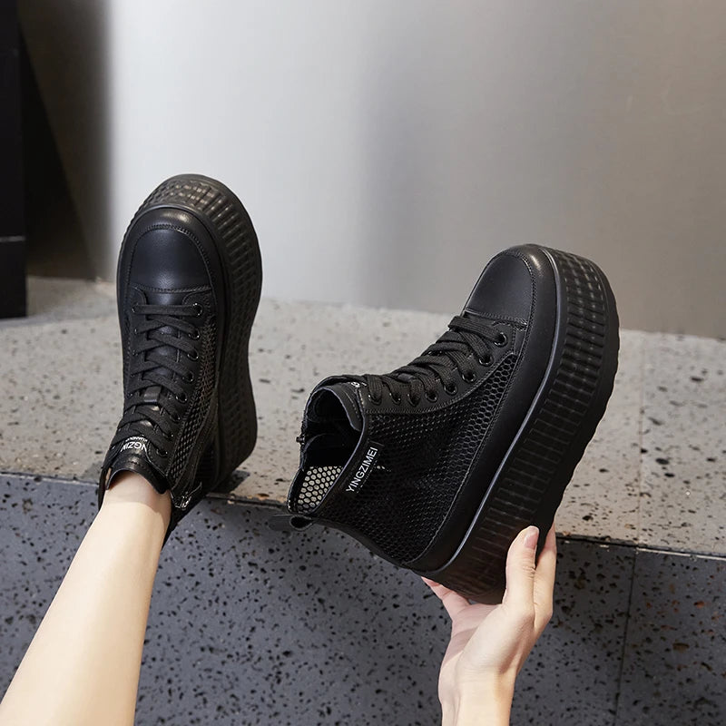 Autuspin Summer Women's Boots 2024 Fashion Breathable Mesh Shoes High Flats Platform Ladies Ankle Boot Women Trend Chunky Shoes