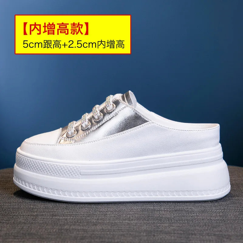 Fujin 7.5cm Genuine Leather Women Slipper Summer Shoes Platform Wedge Beach Shoes Mule Leather Slip on Sneakers Sandals Shoes