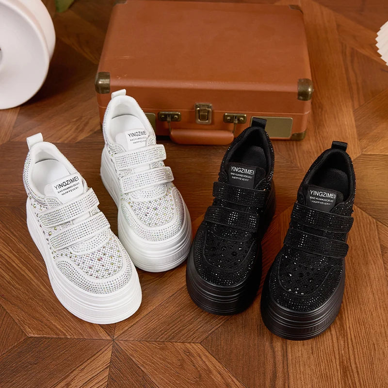 AUTUSPIN 9cm Wedge Women Skateboard Shoes Four Season White Crystal Chunky Sneakers Street Leisure Shoes Woman Street Tide
