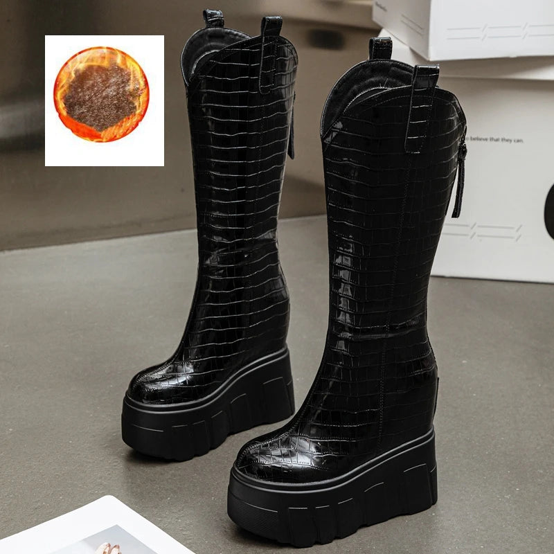 AUTUSPIN 13cm Increase Height Women Boots Fashion Sexy Black Long Boot Shoes Winter Warm Plush Super High Heels Platform Boots