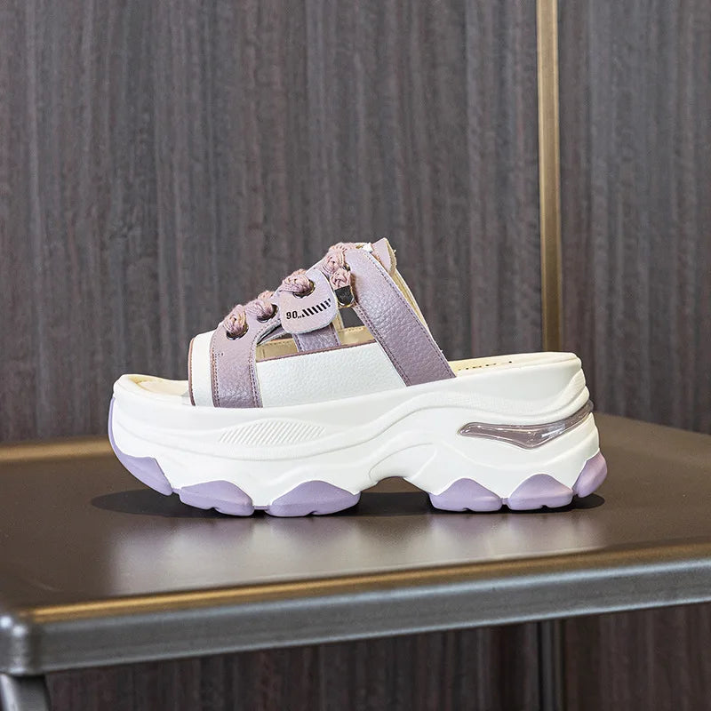 Fujin 7cm Microfiber Leather Synthetic Platform Wedge Slipper Chunky Heels Mary Jane Slip on Summer Breathable Pumps Shoes