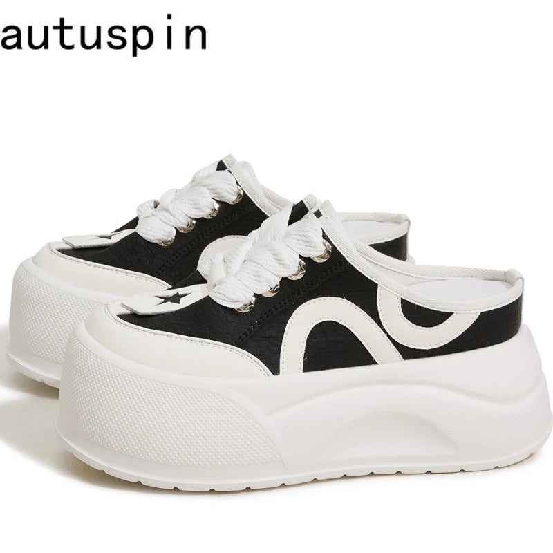 AUTUSPIN 6cm Platform Flats Sneakers for Women Summer Round Toe Slippers Fashion Wide Toe Leather Ladies Slides Shoes Lace-up