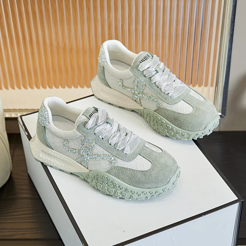AUTUSPIN Women's Summer Shoes Fashion Genuine Leather Ladies Casual Sneakers Outdoor Non-slip Leisure Students Shoes Lace-up