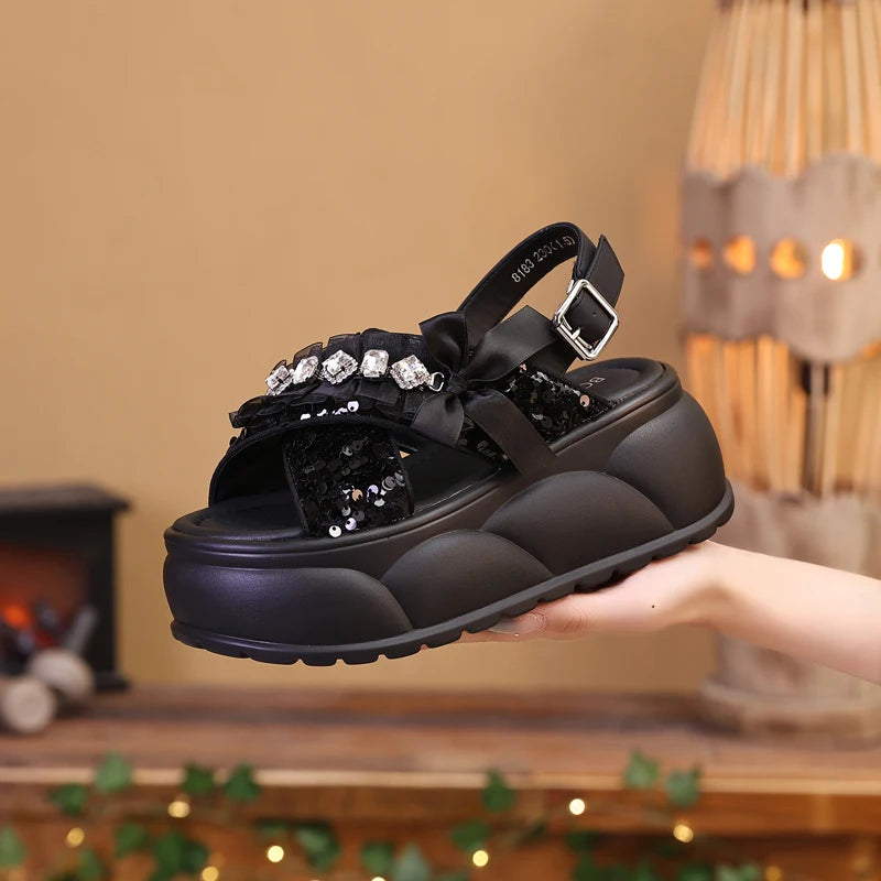Autuspin 8cm Flats High Platform Ladies Sandals Summer Fashion Sequined Cloth Women Chunky Shoes Party Wedding Crystal Sandal