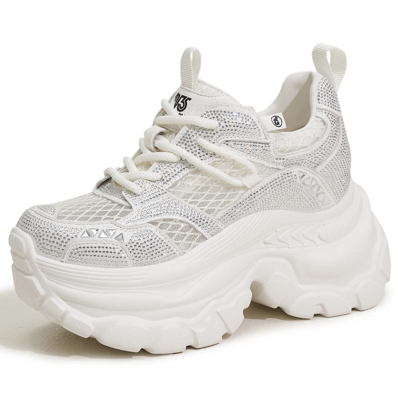 AUTUSPIN 9cm Women Internal Heighten Shoes Summer Patchwork Mesh Crystal Shiny Shoes Ladies Thick Bottom Platform Chunky Sneaker