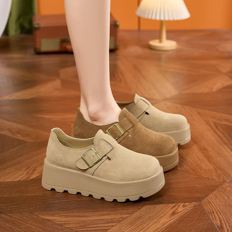 AUTUSPIN Women's Loafers Classic Soft Leather Platform Wedges Shoes 2025 Spring Autumn Buckle Round Toe Female Footwear Woman