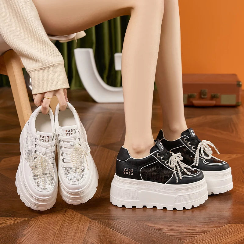 AUTUSPIN Designer Women Shoes Sequined Ladies Summer Mesh Leisure Vulcanize Sneakers Beads Lace-up Woman Platform Shoes 34-39