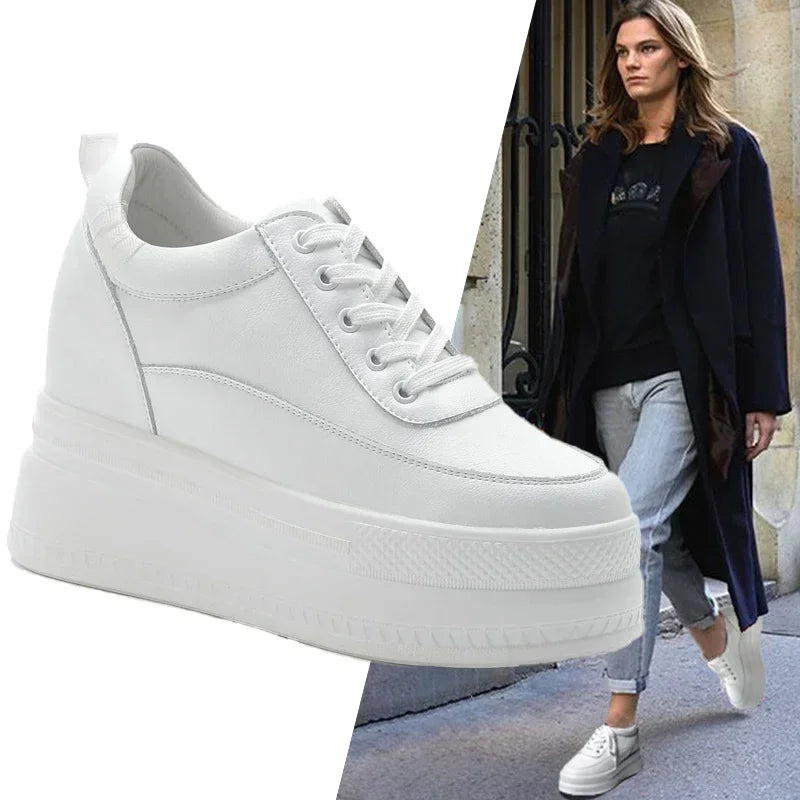 Fujin 9cm Microfiber Platform Heel Wedge Shoes Sneakers Pumps White Platform Air Mesh Hollow Pumps Shoes Women Zapatos De Mujer