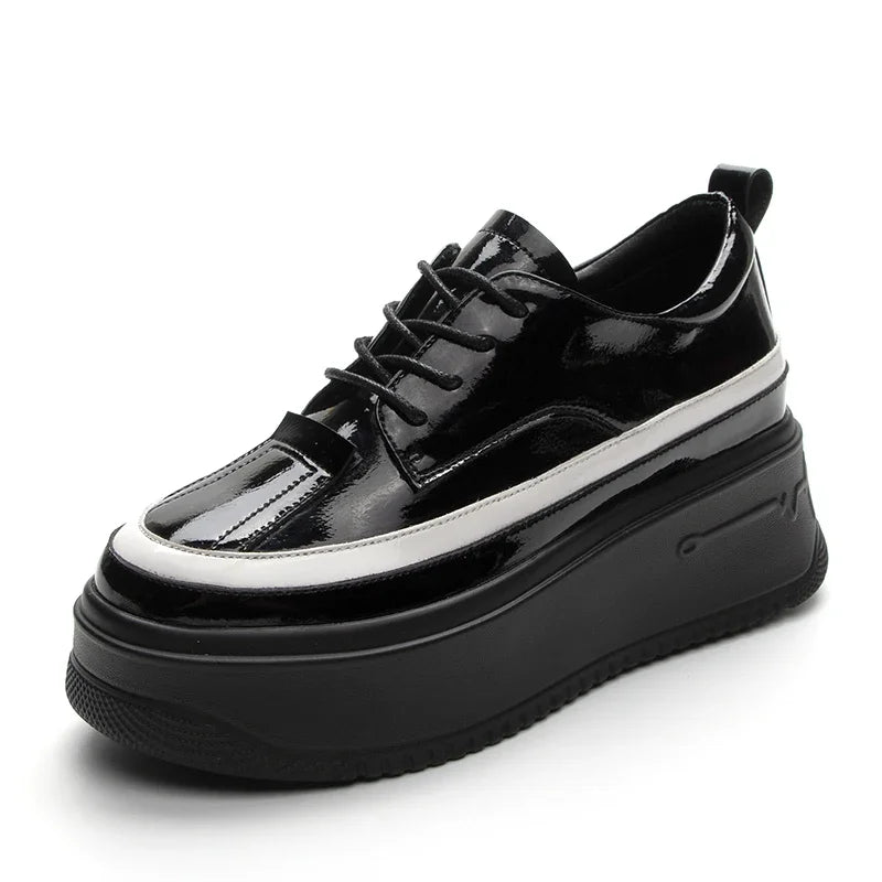 Fujin 7.5cm Patent Leather Genuine Women Shoes Loafers Platform Sneakers Wedge Shoes Hidden Heel Breathable Spring Summer Shoes