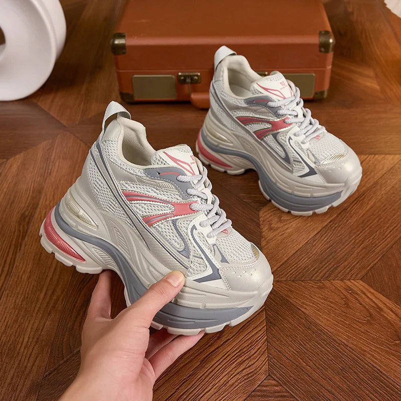 Fujin 10cm Genuine Leather Chunky Sneakers for Women Fashion Sneakers Walking Shoes Platform Heel Sneakers Women Casual Shoes