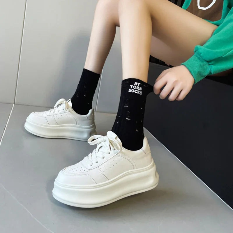 Fujin 6cm Genuine Leather Breathable Vulcanize Summer Women Spring Autumn Microfiber Fashion Chunky Sneaker Flats Boots Shoes