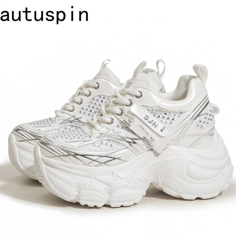 AUTUSPIN 9cm White Chunky Sneakers Women Summer Autumn Bling Rhinestones Shoes for Girls Thick Platform Footwear Size 34-39