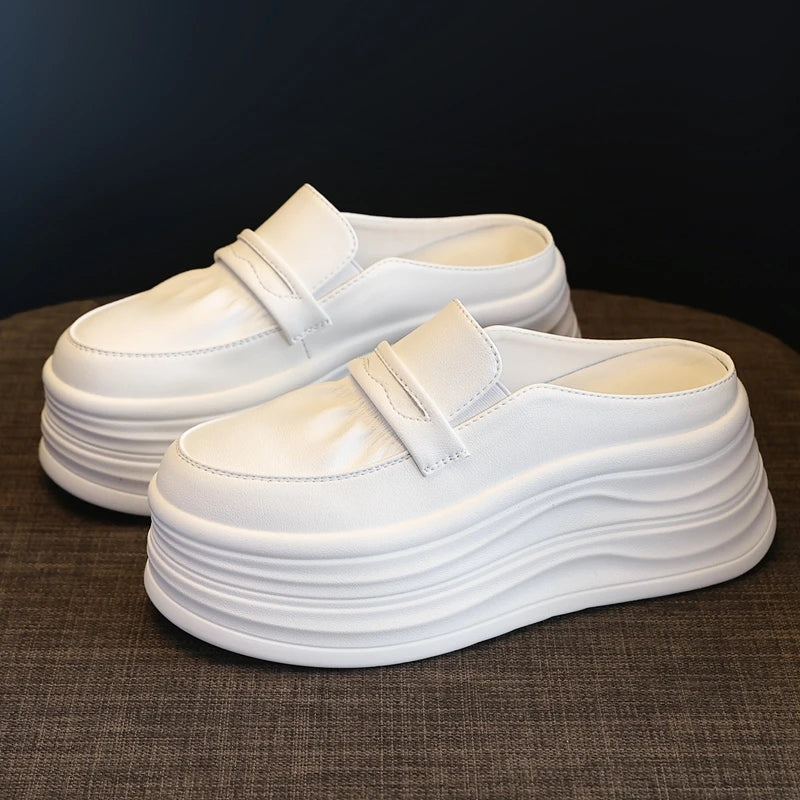 AUTUSPIN Flats Platform Women Slippers High Chunky Bottom Ladies Mules Shoes White Leather Tide Slides Slipper Woman Fashion
