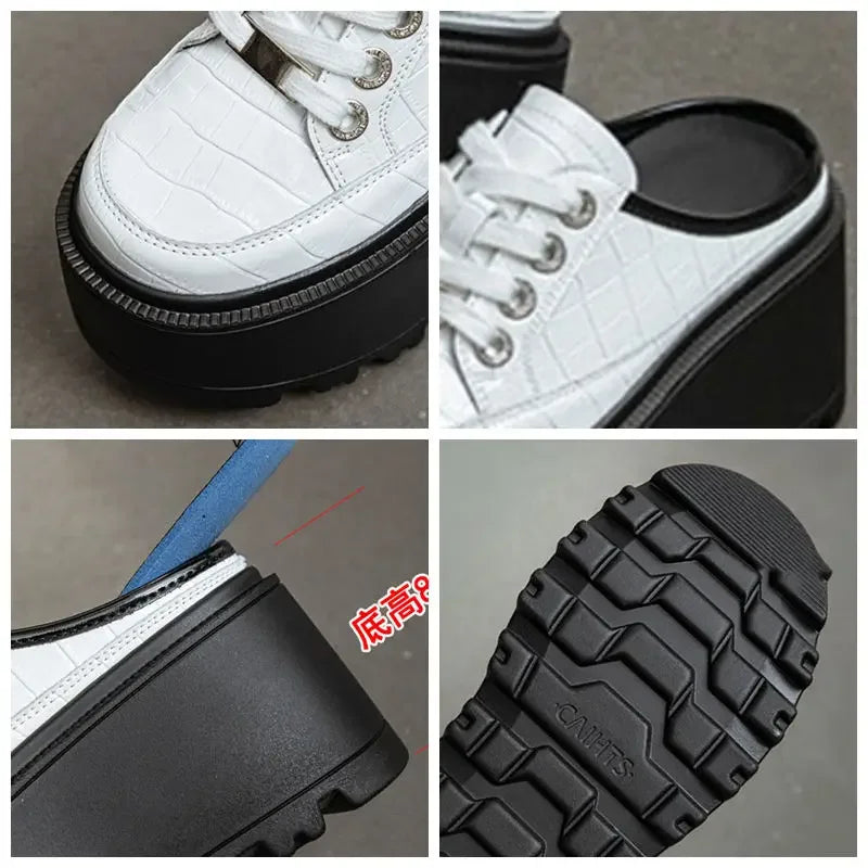 Fujin 8cm 2024 Patent Microfiber Leather Women Slipper Sandals Shoes High Brand Fashion Platform Wedge Flats Summer Lace Up