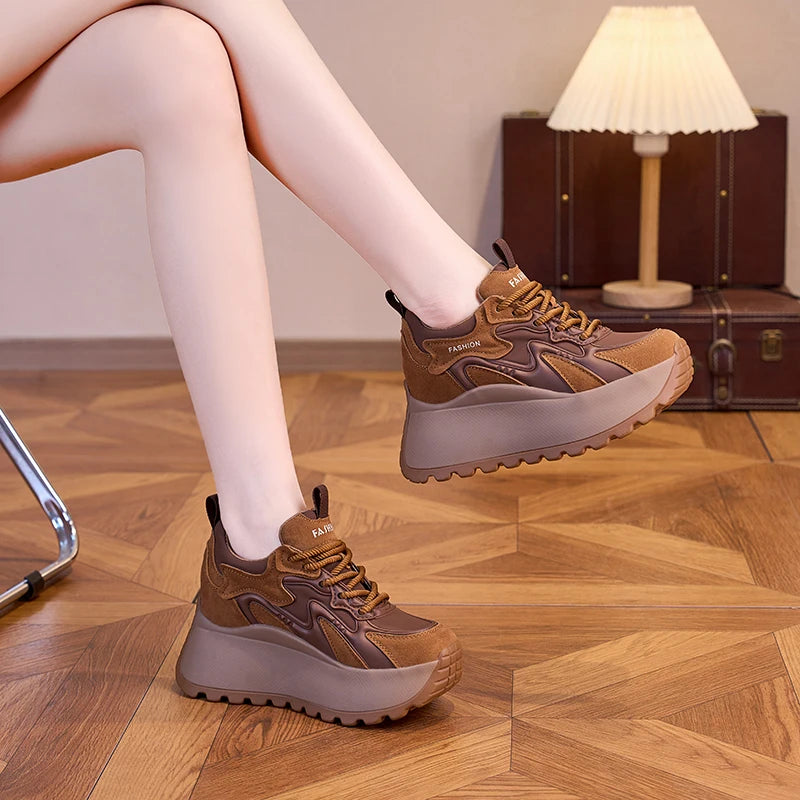 AUTUSPIN 7cm Women Retro Winter Shoes Oudoor Leisure Walking Warm Women's Vulcanize Shoes Ladies Brown Casual platform Sneakers