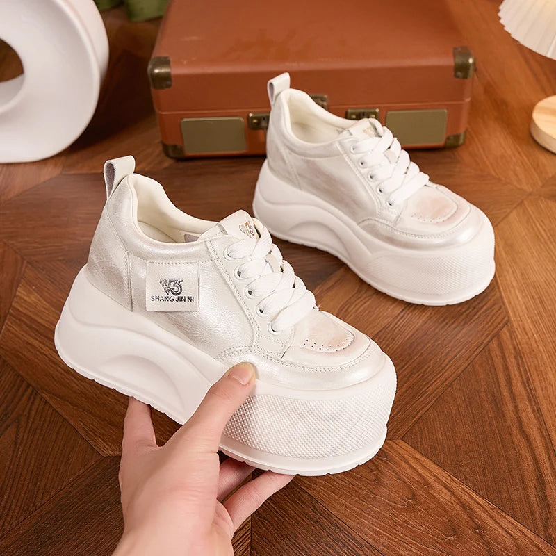AUTUSPIN 7cm Retro Skateboarding Shoes Women Summer New Arrival Synthetic Leather Sports Sneakers Leisure Platform Walking Shoes