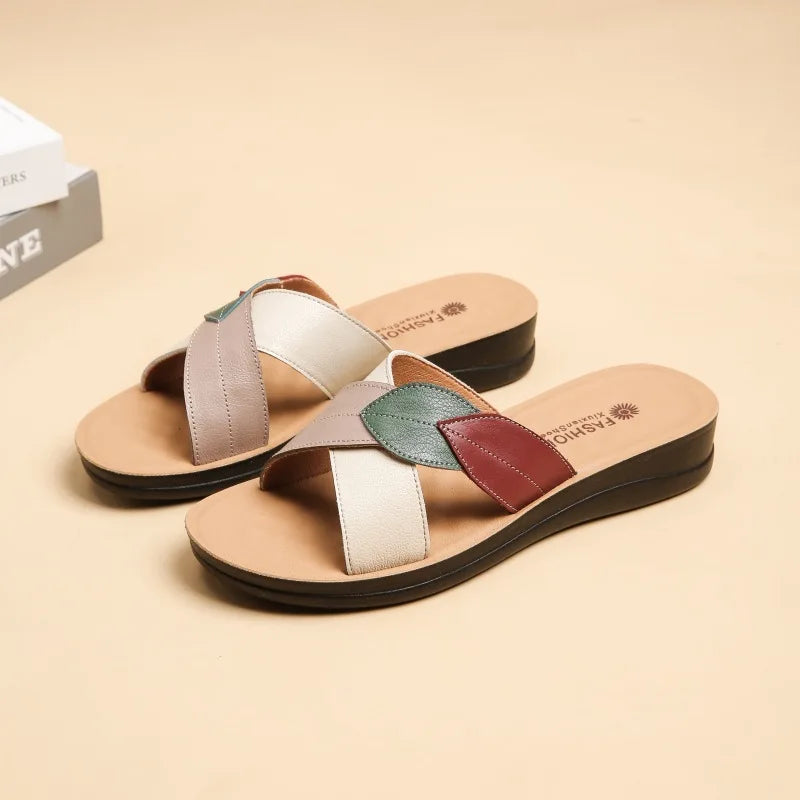 WOIZGIC Women Female Ladies Mother Genuine Leather Shoes Sandals Platform Slipper Summer Cool Beach Soft Slip On Outside